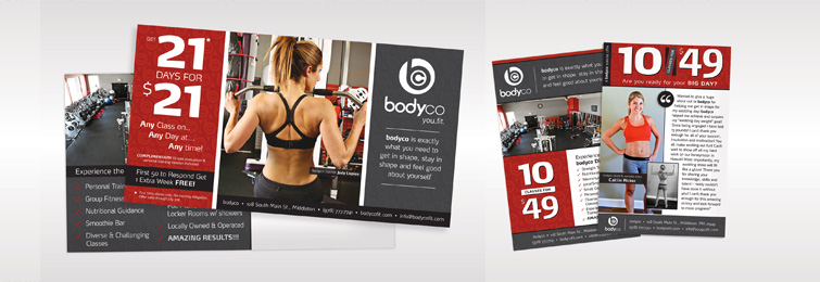 A few of the marketing pieces BTG put together for bodyco in an effort to increase memberships at the gym.